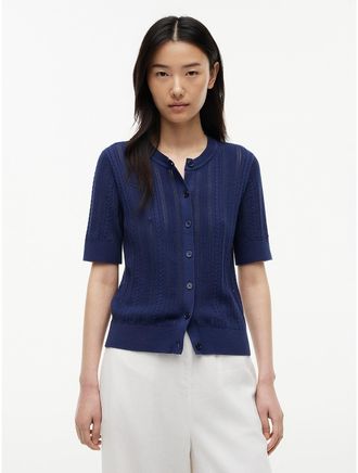 Tommy Hilfiger Womens Short-Sleeve Mixed-Knit Cardigan - Navy - XXL