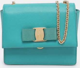 Ferragamo Green Leather Mini Ginny Crossbody Bag