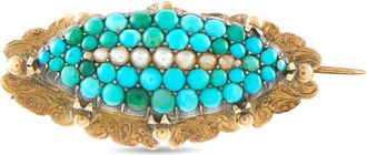Luxury Bazaar Antique Victorian 14K Yellow Gold Turquoise and Pearl Brooch MF03-092226