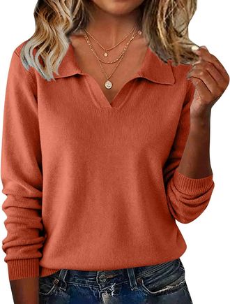 Generic ladies sweatshirts, pullovers for women, Long Sleeved Knitted Base soild color Elegant Temperament Inner Cotton Top Pullovers Sweaters Orange