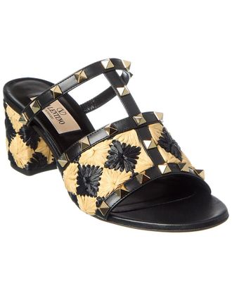 Valentino Rockstud 60 Straw & Leather Sandal