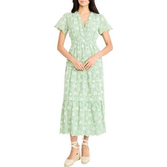 Maggy London Floral Embroidered V-Neck Tiered Midi Dress in Fair Green/Ivory at Nordstrom, Size 14