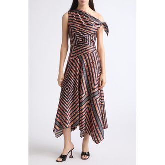 Staud Portia One-Shoulder Stripe Silk Midi Dress in Studio at Nordstrom, Size 12
