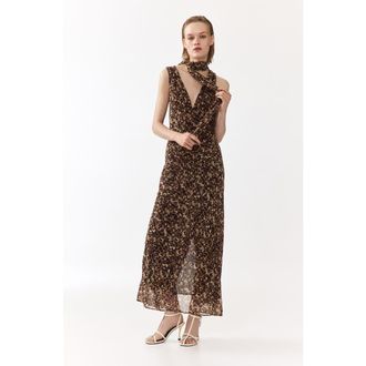 H&M Scarf-detail Chiffon Dress in Dark Brown/patterned at Nordstrom, Size Xx-Large