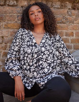 Live Unlimited London Womens Mono Floral V-Neck Button Blouse - Black/Multi - Size: 26