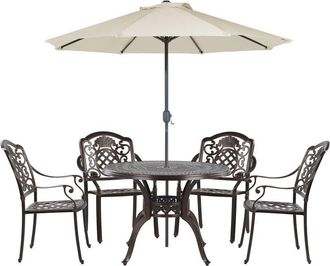 Beliani Conjunto De Comedor 4 Plazas De Metal Marr&oacute;n Beige Sillas Cojines Sombrilla Salento