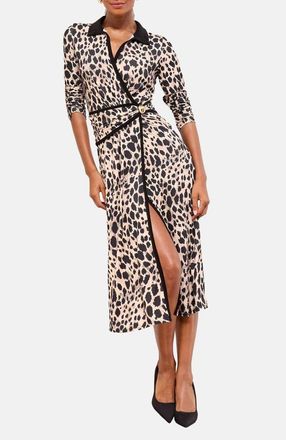 Lipsy Animal Print Long Sleeve Faux Wrap Midi Dress in Monochrome at Nordstrom, Size 6 Us