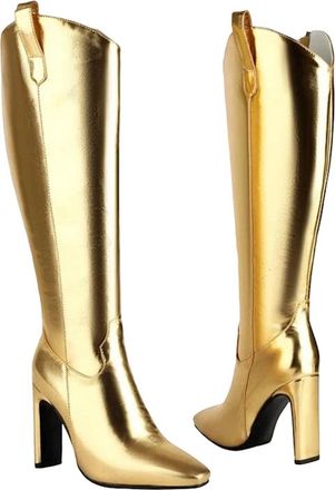 Generic Womens Fashion Knee High Boots Pointed Toe Super High Square Heel With Side Zipper For Wide Calf Fit Party Wear