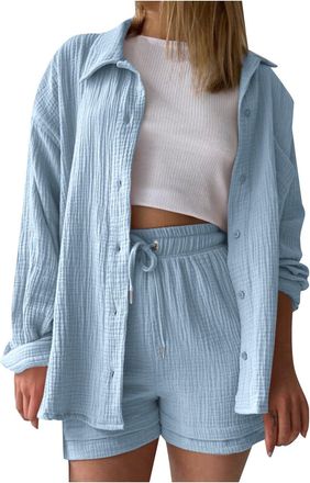Generic 2 Piece Cotton Linen Set Women, Long Sleeve Blouses Tops and Wide Leg Shorts Co Ord Sets Tracksuit Oversized Loungewear Sets Y2k Aesthetic Clothes Lou