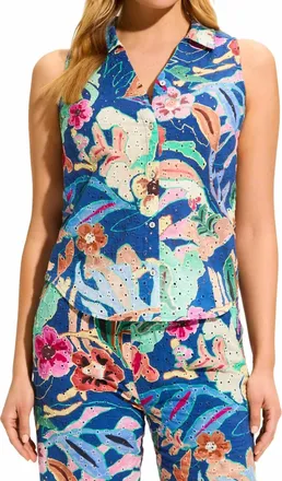 FDJ Perrine Printed Eyelet Sleeveless Shirt In Pop Camo Floral