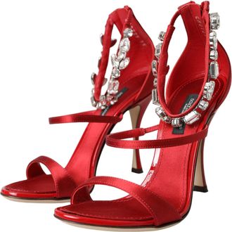 Dolce & Gabbana Womens Red Keira Satin Crystals Sandals Heels Shoes Goat