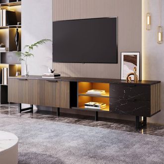 Merax 200cm Black Marble Effet TV Cabinet with Dark Wood Grain Doors & LED