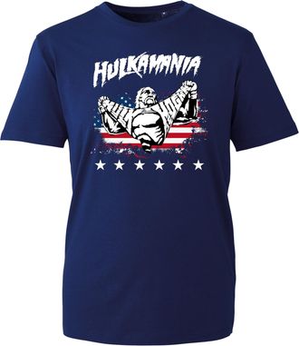 Generic Novelty Hulkamania T-Shirt, Funny Retro Famous Wrestler USA Flag Themed Shirt, Gift Unisex Tee Top (Navy, M Years)