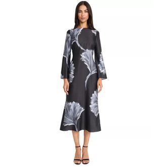 Donna Morgan Midi Dress Womens Black Floral Cutout-Back A-Line Preppy KFC308