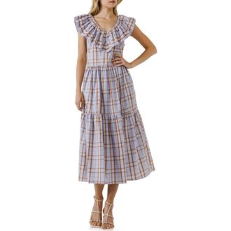 English Factory Plaid Ruffle Cotton Dress in Purple at Nordstrom Rack, Size X-Small