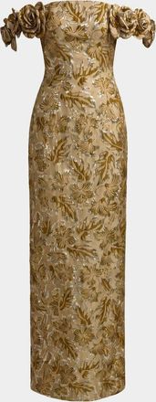Mac Duggal Brocade 3D Flower Off-The-Shoulder Gown