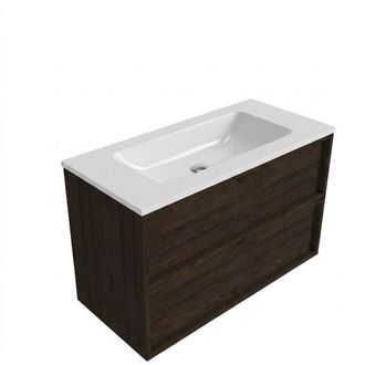 Saniclass Holz Frame Badkamermeubelset - 100x45x77.5cm - Torino solid surface wastafel wit - zonder kraangat - 2 lades - mat eiken charcoal (hout)