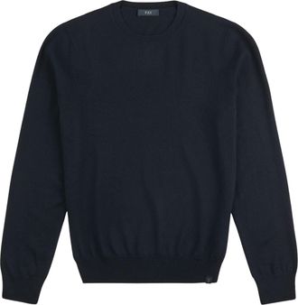 Fay Navy Blue Fine Knit Wool Sweater with Crew Neck and Ribbed Details