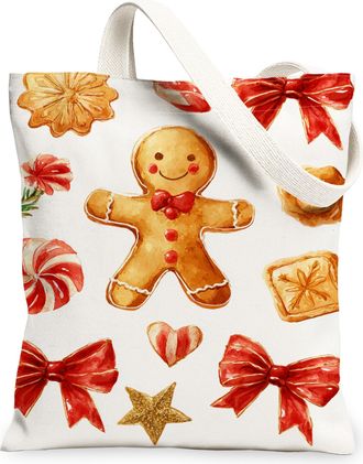 Generic Gingerbread Canvas Tote Bags, Holiday Treat Pattern Reusable Bags, Vintage Lightweight Washable Shoulder Strap for Travel B, White, 13x15 Inch