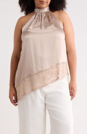 Renee C Sleeveless Lace Trim Satin Asymmetric Top in Beige at Nordstrom Rack, Size 3X