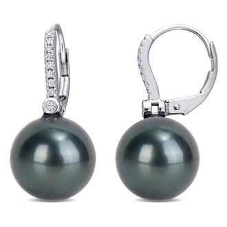 Amour 11 - 12 Mm Black Tahitian Cultured Pearl and 1/8 CT TW Diamond Leverback Earrings In 10K White Gold