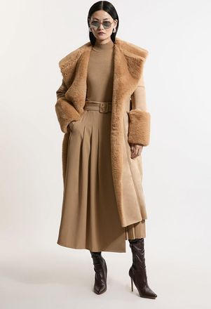 Karen Millen Womens Faux Shearling Collar & Cuff Belted Midi Coat - Beige - Size 12 UK