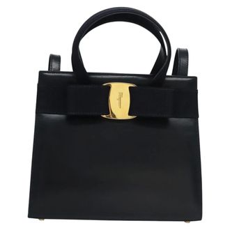 Ferragamo Convertible Vara Bow Tote Leather Navy Leather Handbag (Pre-Owned)
