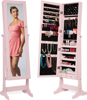 Best Choice Products Jewelry Armoire Cabinet, Full Length Mirror w/ Velvet Storage Interior, Lock