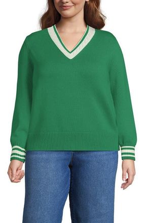 Lands End Drifter Set in Sleeve Vneck Sweater in Vibrant Clover/ivory Tipping at Nordstrom, Size 3X