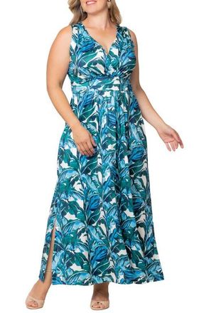 Kiyonna Daniela Sleeveless Maxi Dress in Teal Palm Print at Nordstrom, Size 2 X