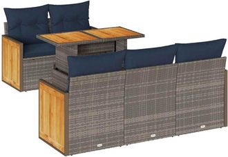 vidaXL 6 Piece Garden Sofa Set with Cushions Grey Poly Rattan Acacia Vidaxl