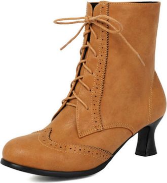 Generic Womens Brogue Low Heel Ankle Boots with Front Laces - Classic Round Toe Short Booties for Office and Casual Outfits,Yellow,7.5 UK