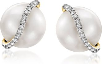 Ross-Simons 8-8.5mm Cultured Pearl Stud Earrings With Diamond Accents in 14kt Yellow Gold