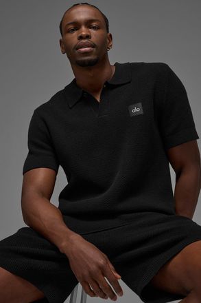 Alo | Sports Club Sweater Knit Polo Top in Black, Size: Medium