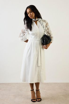 Wallis Womens Cotton Lace Belted Shirt Dress - White - Size 14 UK