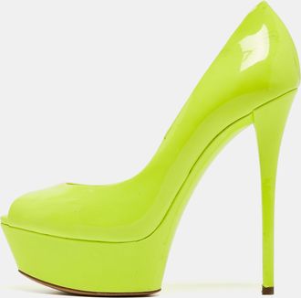 Casadei Lime Green Patent Leather Daisy Peep Toe Platform Pumps