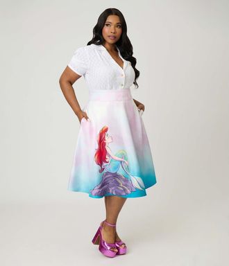 Unique Vintage Plus Size Retro Style High Waist Vivien Swing Skirt in White Mermaid Print at Nordstrom, Size 5X