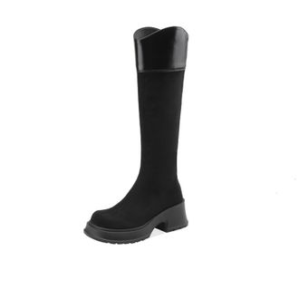 Generic Womens Retro Knee-High Suede PU Boots Round Toe Thick Platform Block Heels Side Zipper Stretch Fit Slip On Soft Lining Cushioned Insole Comfortable We