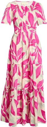 Melloday Short Sleeve Tiered Maxi Dress in Bone Rose Violet Leaf at Nordstrom, Size X-Large