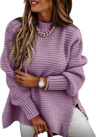 Generic Womens Oversized Chunky Knit Sweaters Long Sleeve Mock Neck, Side Slit Jumper,Comfy Loose Ribbed Knitted (Purple,XXXL)