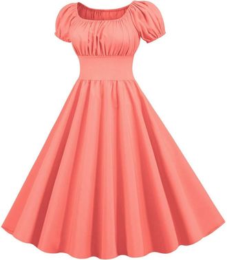 Generic Party 50s Retro Short Swing Neck 60s Summer Dress Vintage Womens Dress Puff Sleeves Womens Dress, orange, S