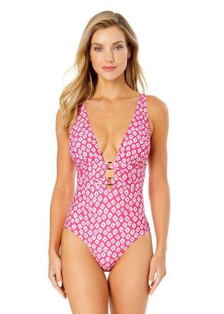 Anne Cole Womens Shibori Geo Double Ring Plunge Front One Piece Swimsuit in Shibori Geo Pink at Nordstrom, Size 14