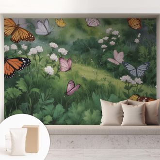 Tulup Carta Da Parati Non Tessuto - Decorazione Da Muro - Traspirante - Con Motivo - Per Camera Da Letto Cucina Farfalle Nel Prato 208x146 Cm