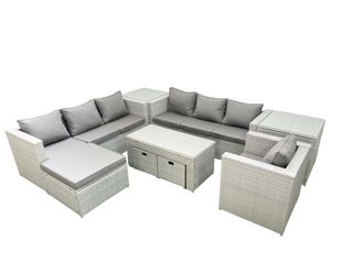 Fimous Wicker PE Rattan Sofa Garden Furniture Set with Oblong Coffee Table Armchair 3 Footstools 2 Side Tables Light Grey Mixed