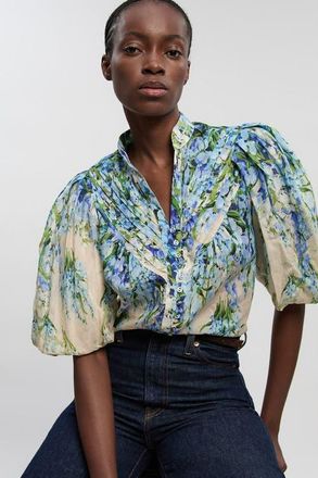 Karen Millen Floral Puff Sleeve Blouse in Blue at Nordstrom, Size 10