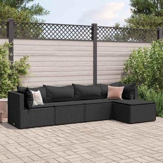vidaXL Vidaxl - Set De Muebles De Jard&iacute;n 5 Pzas Y Cojines Rat&aacute;n Sint&eacute;tico Negro