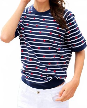 Shiraleah Stripes Lightweight Short Sleeve Sweatshirt In Navy