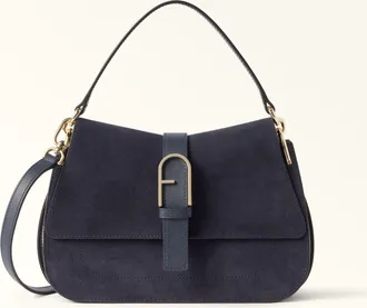 Furla Flow Top Handle M Toni Mediterraneo Blue Suede + Claris Lux Calf Leather Woman