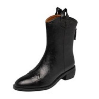 Generic Womens Retro Pointed Closed Toe PU Leather Mid-Calf Boots Low Chunky Block Heels Side Zipper Pull Tab Soft Lining Cushioned Insole Durable Outsole,Bla