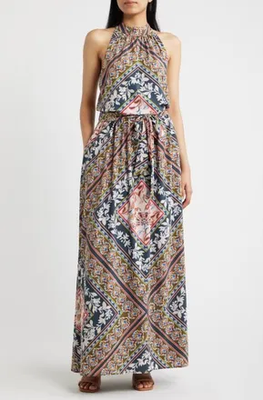 Julia Jordan Halter Maxi Dress in Navy Multi at Nordstrom, Size 10